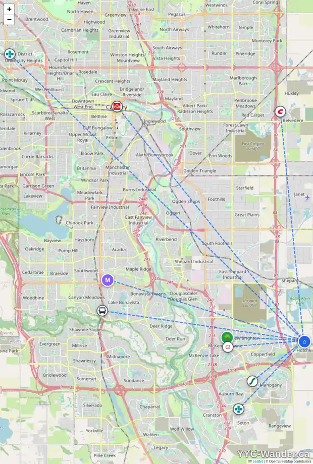 Daily accessibility map for 140 HOTCHKISS GA SE, Calgary showing nearby schools, grocery stores, parks, LRT stations and nearby amenities