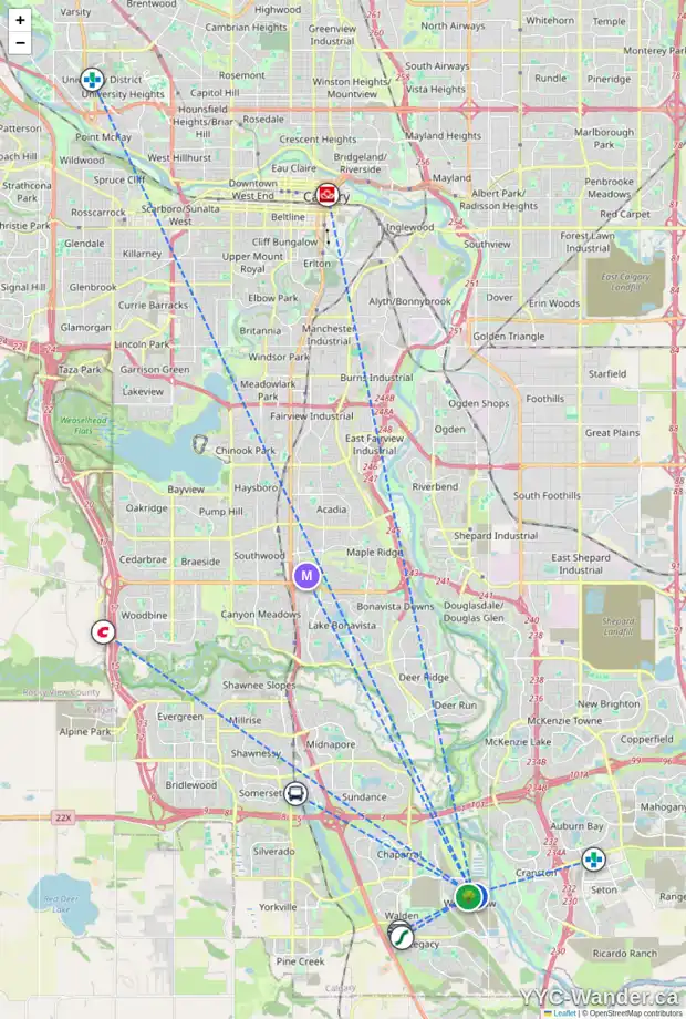 Daily accessibility map for 43 WOLF HOLLOW PA SE, Calgary showing nearby schools, grocery stores, parks, LRT stations and nearby amenities