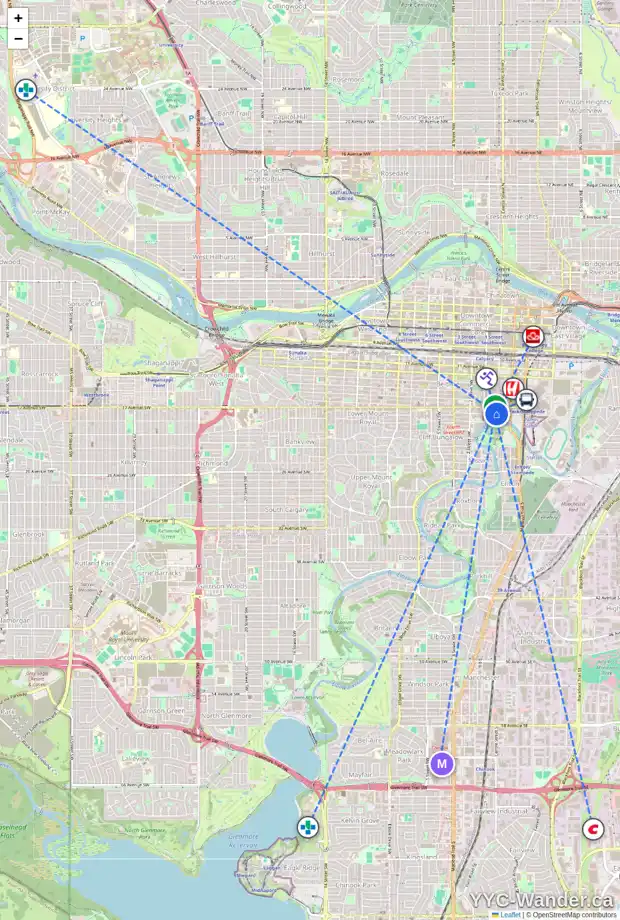 Daily accessibility map for 301 120 18 AV SW, Calgary showing nearby schools, grocery stores, parks, LRT stations and nearby amenities