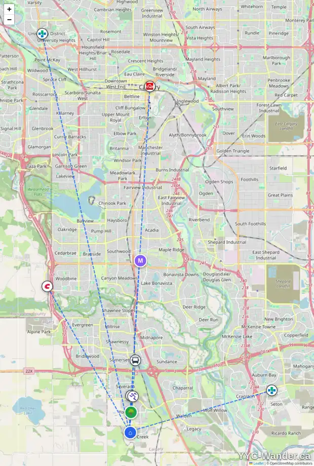 Daily accessibility map for 42 CREEKSIDE HE SW, Calgary showing nearby schools, grocery stores, parks, LRT stations and nearby amenities