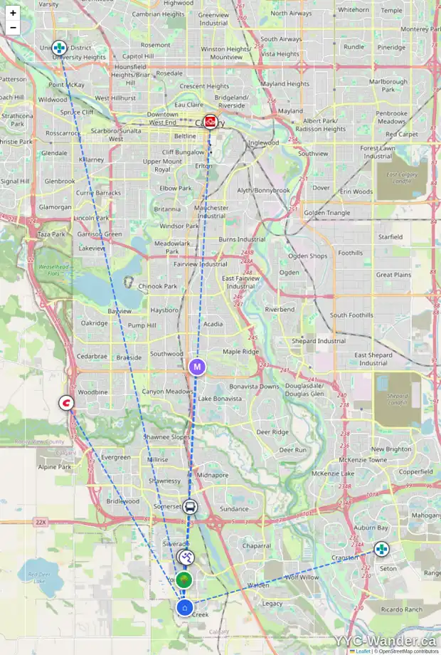 Daily accessibility map for 242 CREEKSIDE WY SW, Calgary showing nearby schools, grocery stores, parks, LRT stations and nearby amenities