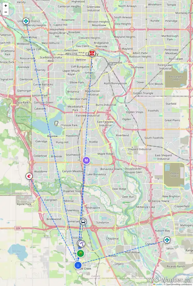 Daily accessibility map for 166 CREEKSIDE DR SW, Calgary showing nearby schools, grocery stores, parks, LRT stations and nearby amenities