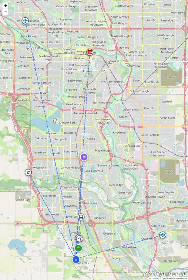 Daily accessibility map for 154 CREEKSIDE DR SW, Calgary showing nearby schools, grocery stores, parks, LRT stations and nearby amenities
