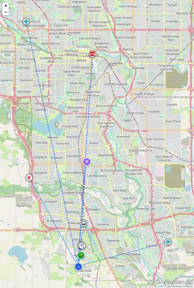 Daily accessibility map for 136 CREEKSIDE DR SW, Calgary showing nearby schools, grocery stores, parks, LRT stations and nearby amenities