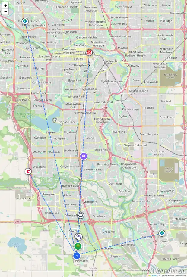Daily accessibility map for 93 CREEKSIDE WY SW, Calgary showing nearby schools, grocery stores, parks, LRT stations and nearby amenities