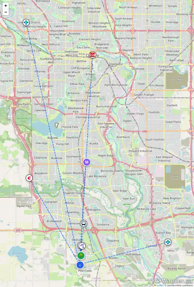 Daily accessibility map for 114 CREEKSIDE WY SW, Calgary showing nearby schools, grocery stores, parks, LRT stations and nearby amenities