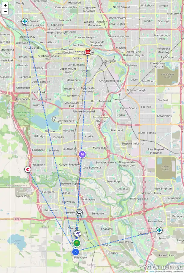 Daily accessibility map for 98 CREEKSIDE WY SW, Calgary showing nearby schools, grocery stores, parks, LRT stations and nearby amenities
