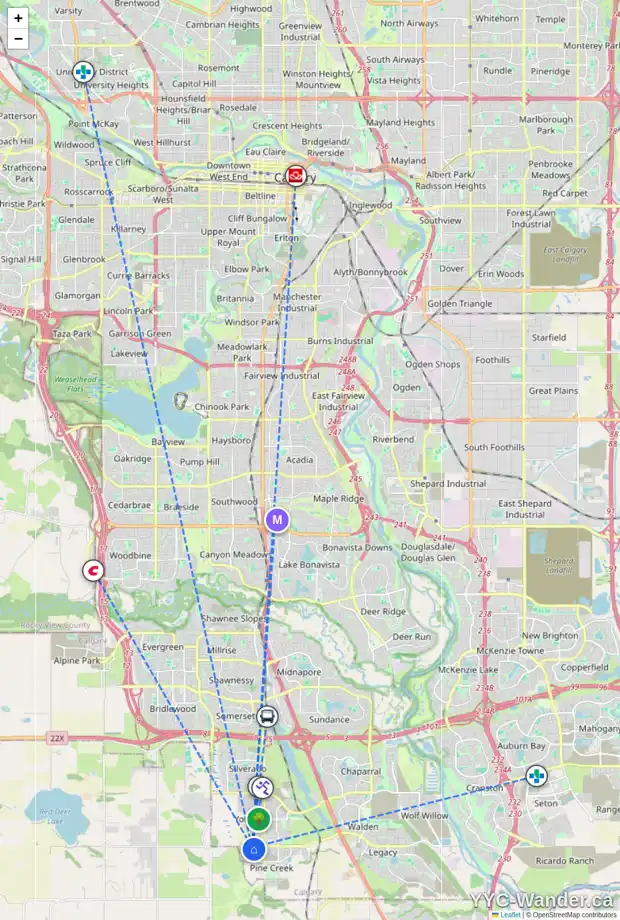 Daily accessibility map for 86 CREEKSIDE WY SW, Calgary showing nearby schools, grocery stores, parks, LRT stations and nearby amenities