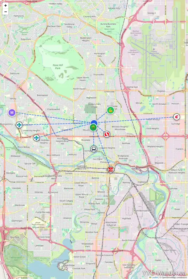 Daily accessibility map for 610 25 AV NW, Calgary showing nearby schools, grocery stores, parks, LRT stations and nearby amenities