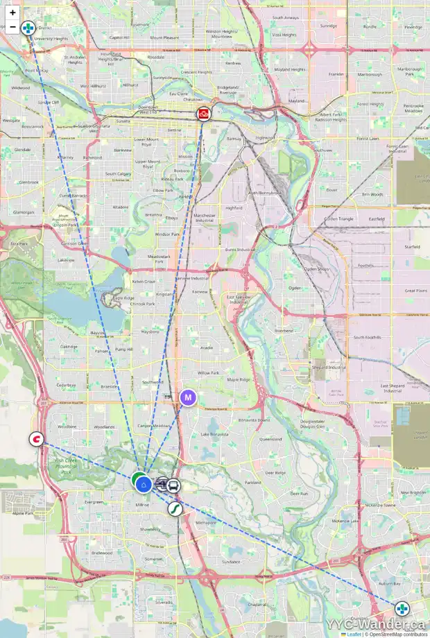 Daily accessibility map for 635 SHAWNEE TC SW, Calgary showing nearby schools, grocery stores, parks, LRT stations and nearby amenities