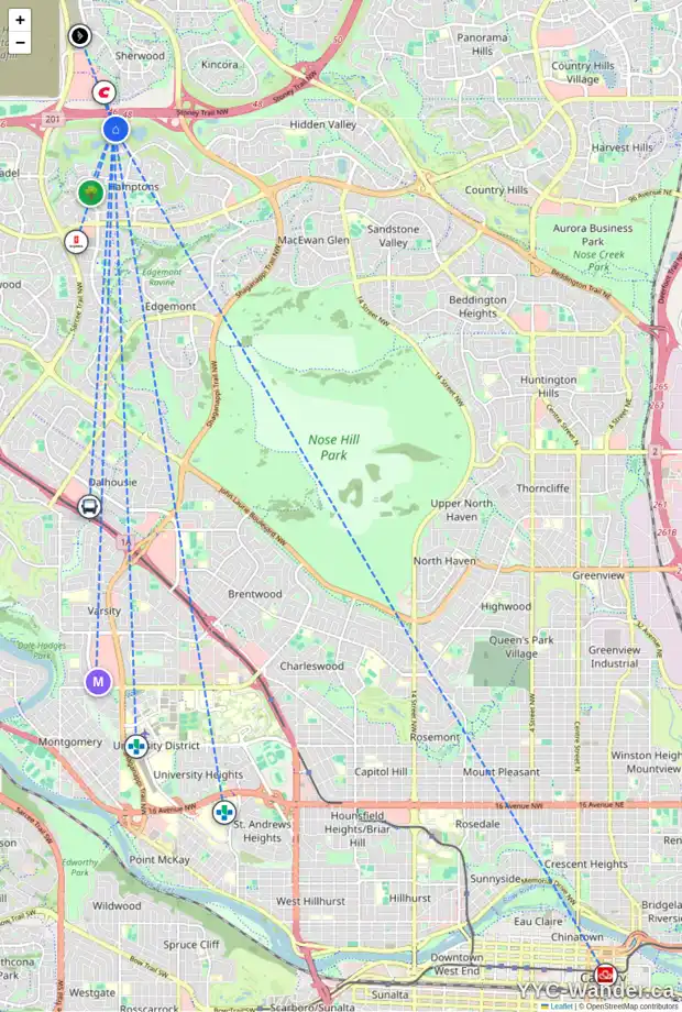 Daily accessibility map for 28 HAMPTONS CO NW, Calgary showing nearby schools, grocery stores, parks, LRT stations and nearby amenities