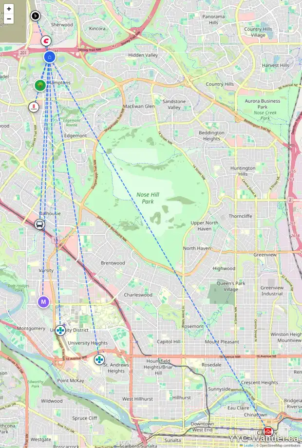 Daily accessibility map for 40 HAMPTONS CO NW, Calgary showing nearby schools, grocery stores, parks, LRT stations and nearby amenities