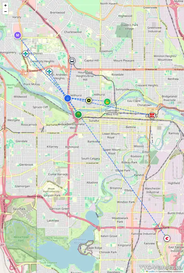 Daily accessibility map for 2519 2 AV NW, Calgary showing nearby schools, grocery stores, parks, LRT stations and nearby amenities