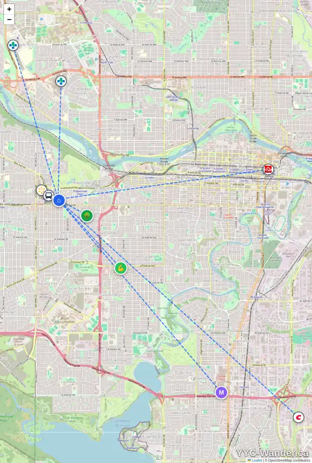 Daily accessibility map for 1713 31 ST SW, Calgary showing nearby schools, grocery stores, parks, LRT stations and nearby amenities