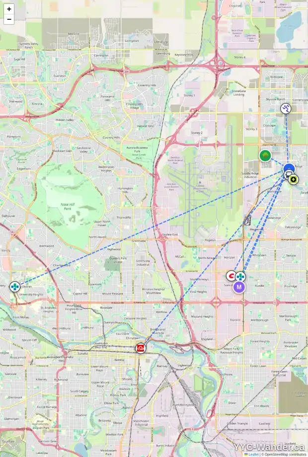 Daily accessibility map for 62 SADDLEBACK RD NE, Calgary showing nearby schools, grocery stores, parks, LRT stations and nearby amenities