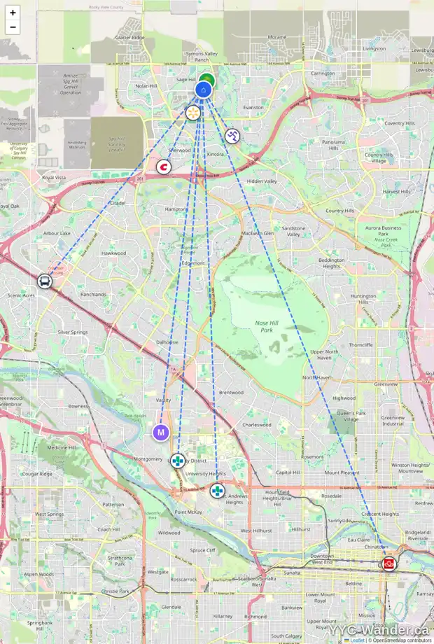 Daily accessibility map for 144 SAGE BLUFF MR NW, Calgary showing nearby schools, grocery stores, parks, LRT stations and nearby amenities