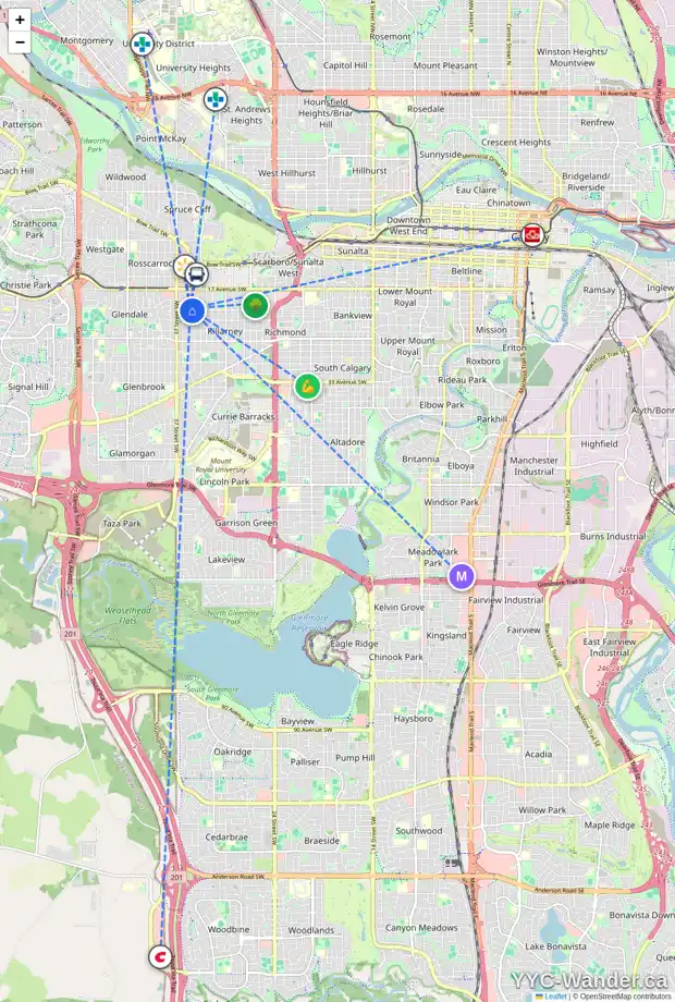 Daily accessibility map for 2038 35 ST SW, Calgary showing nearby schools, grocery stores, parks, LRT stations and nearby amenities