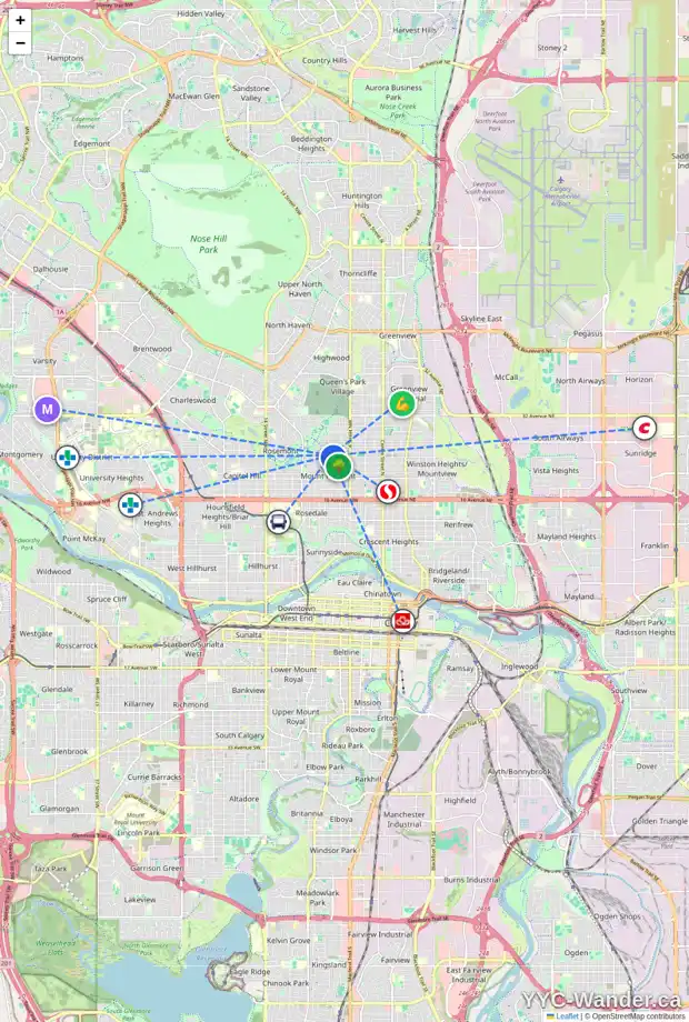Daily accessibility map for 648 24 AV NW, Calgary showing nearby schools, grocery stores, parks, LRT stations and nearby amenities