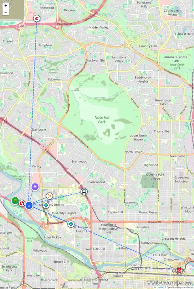 Daily accessibility map for 1951 47 ST NW, Calgary showing nearby schools, grocery stores, parks, LRT stations and nearby amenities
