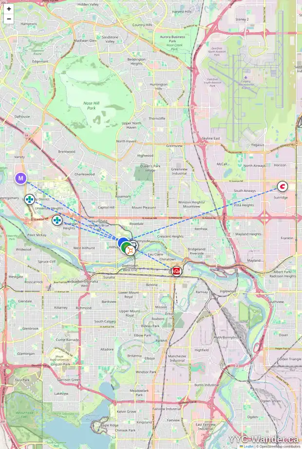 Daily accessibility map for 2111 1234 5 AV NW, Calgary showing nearby schools, grocery stores, parks, LRT stations and nearby amenities