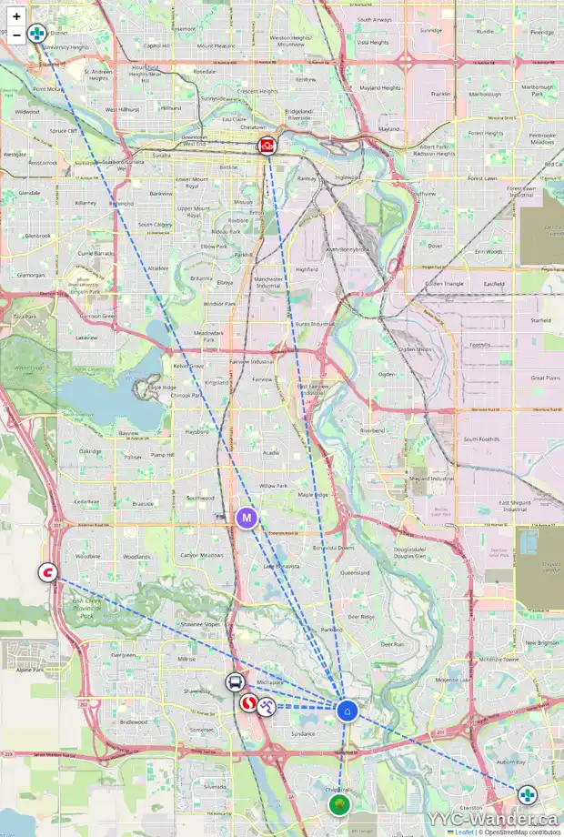 Daily accessibility map for 19 SUNCANYON PA SE, Calgary showing nearby schools, grocery stores, parks, LRT stations and nearby amenities