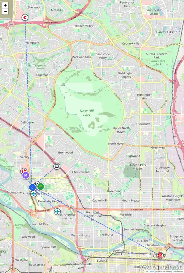 Daily accessibility map for 253 SMITH ST NW, Calgary showing nearby schools, grocery stores, parks, LRT stations and nearby amenities