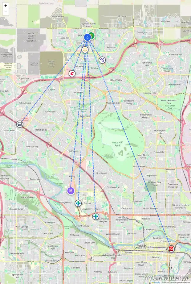 Daily accessibility map for 136 SAGE BLUFF CI NW, Calgary showing nearby schools, grocery stores, parks, LRT stations and nearby amenities