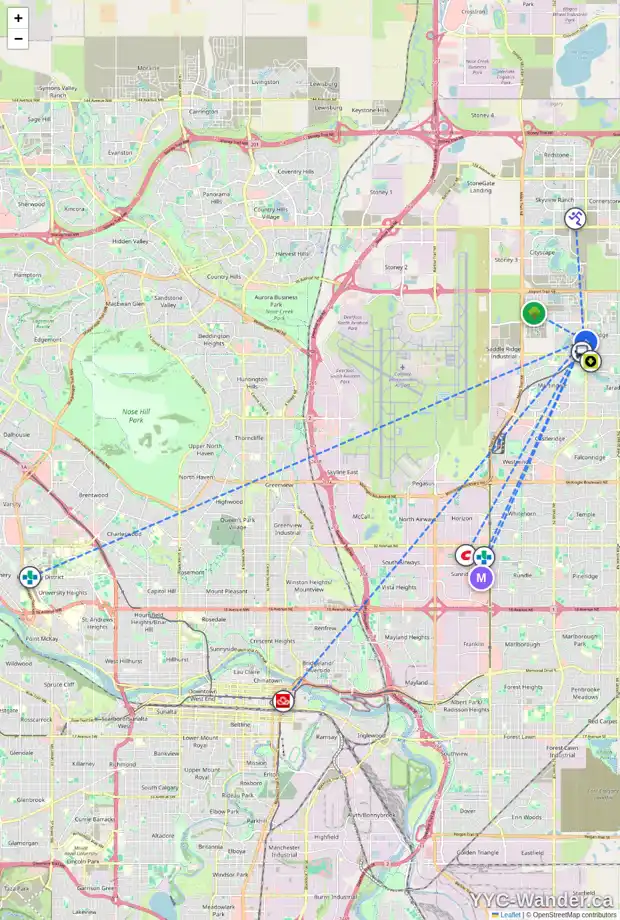 Daily accessibility map for 101 SADDLEBACK RD NE, Calgary showing nearby schools, grocery stores, parks, LRT stations and nearby amenities