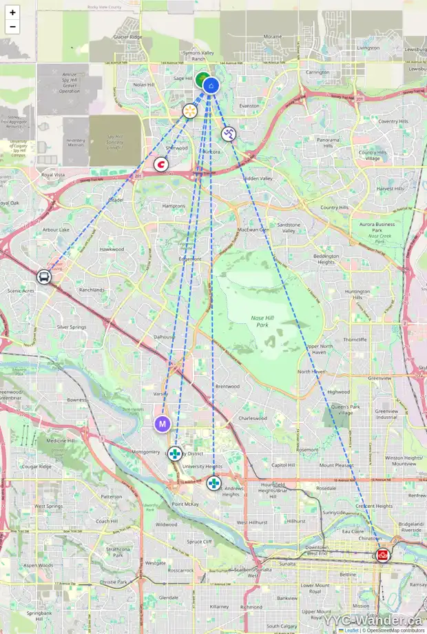 Daily accessibility map for 121 SAGE BLUFF RI NW, Calgary showing nearby schools, grocery stores, parks, LRT stations and nearby amenities