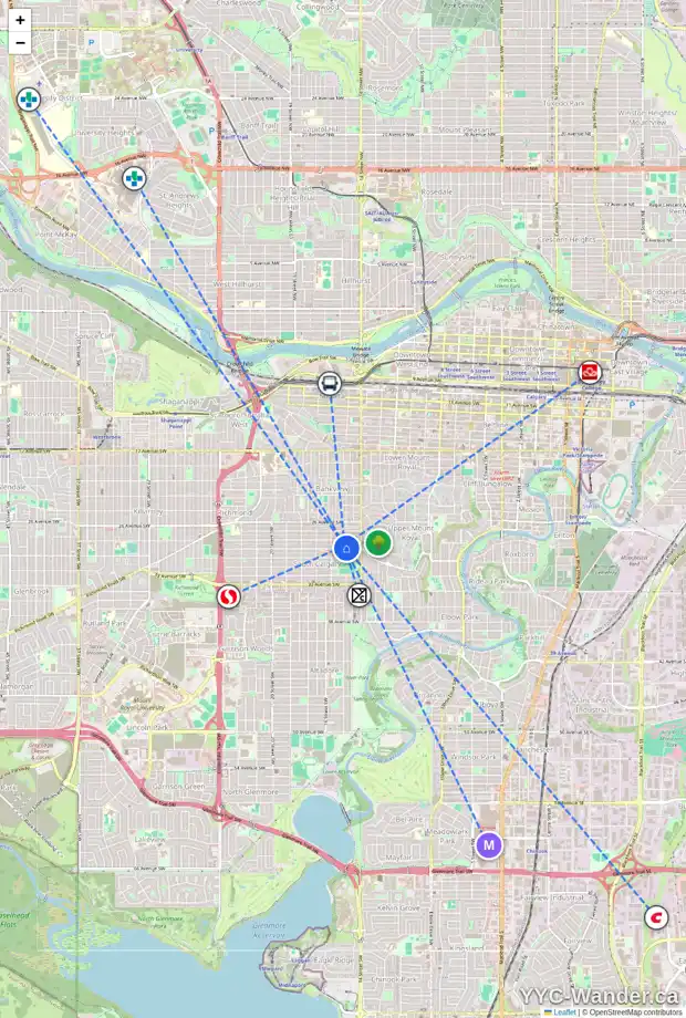 Daily accessibility map for 2921 15 ST SW, Calgary showing nearby schools, grocery stores, parks, LRT stations and nearby amenities
