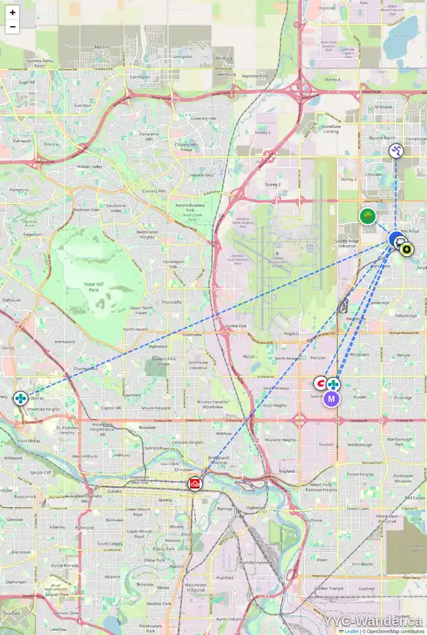 Daily accessibility map for 8254 SADDLERIDGE DR NE, Calgary showing nearby schools, grocery stores, parks, LRT stations and nearby amenities