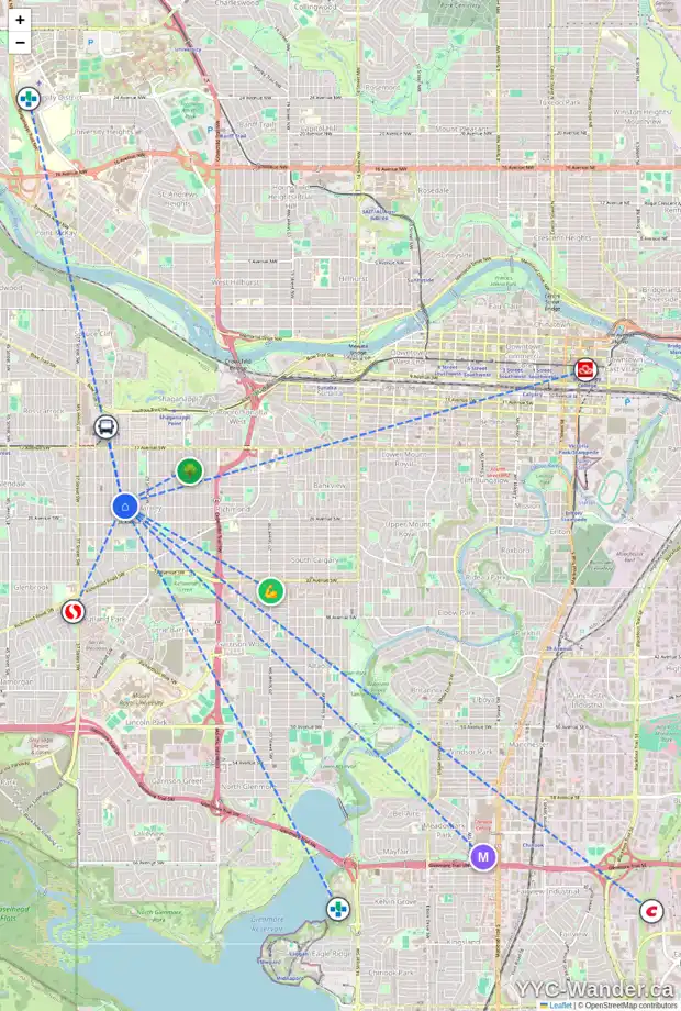 Daily accessibility map for 2436 32 ST SW, Calgary showing nearby schools, grocery stores, parks, LRT stations and nearby amenities