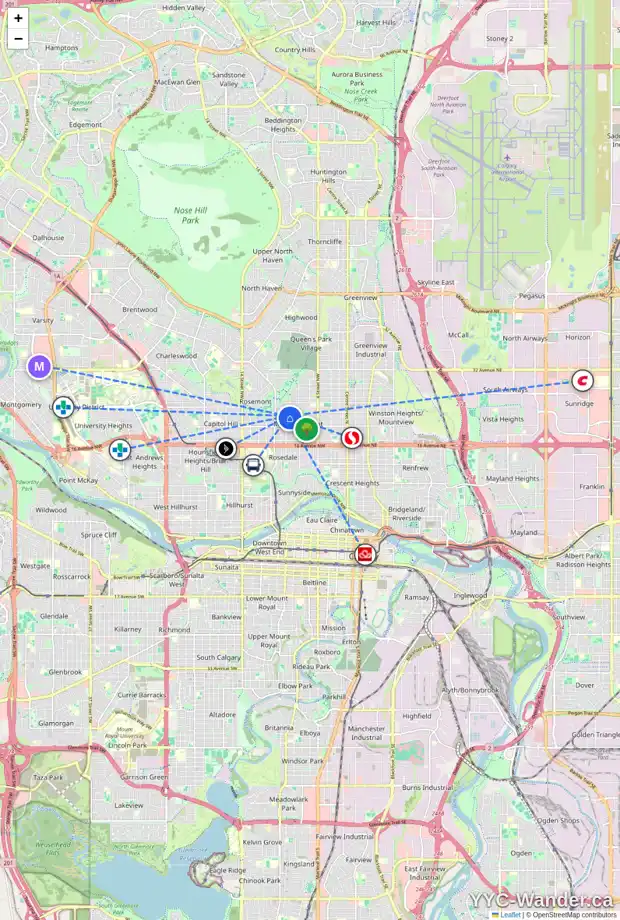 Daily accessibility map for 830 22 AV NW, Calgary showing nearby schools, grocery stores, parks, LRT stations and nearby amenities