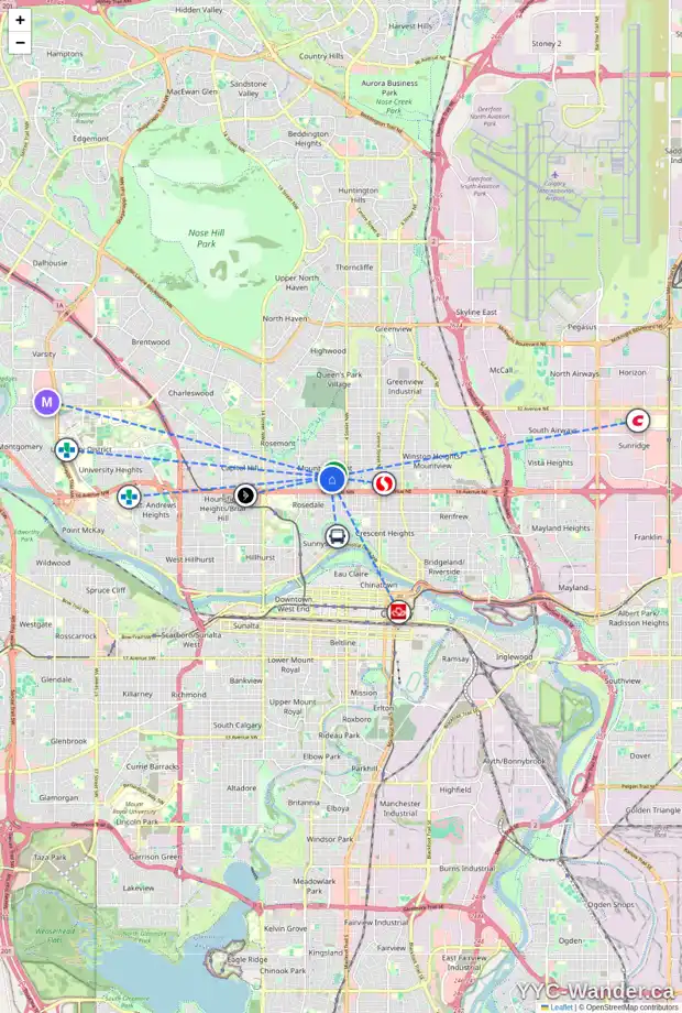 Daily accessibility map for 639 19 AV NW, Calgary showing nearby schools, grocery stores, parks, LRT stations and nearby amenities