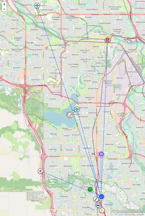Daily accessibility map for 15204 1 ST SE, Calgary showing nearby schools, grocery stores, parks, LRT stations and nearby amenities