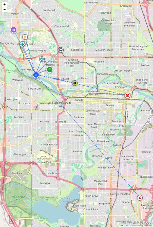 Daily accessibility map for 117 34 ST NW, Calgary showing nearby schools, grocery stores, parks, LRT stations and nearby amenities