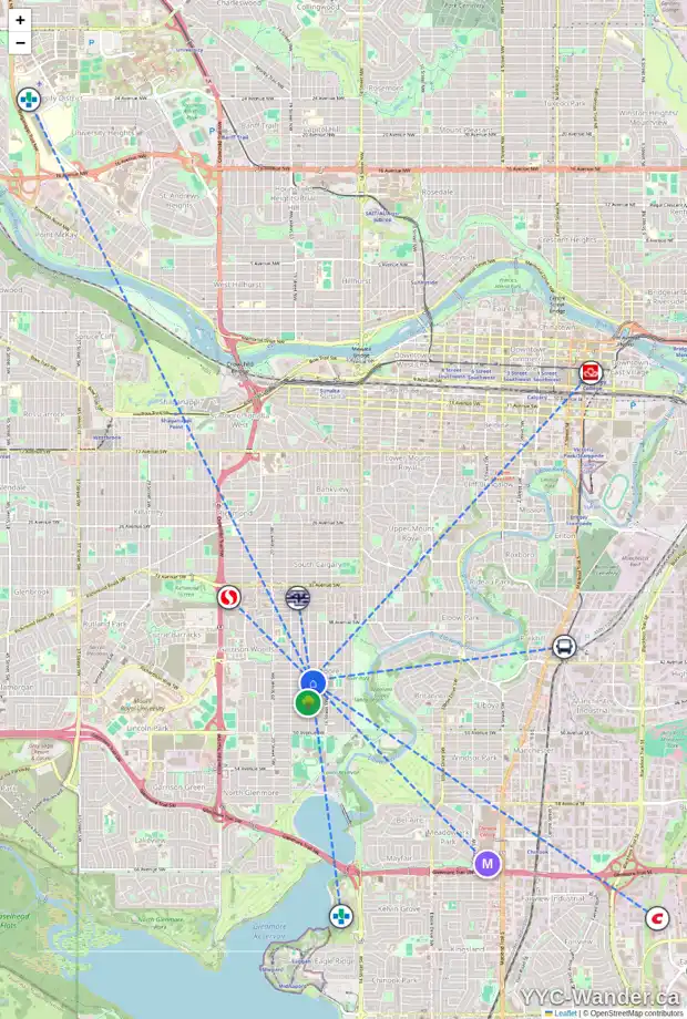Daily accessibility map for 4504 17 ST SW, Calgary showing nearby schools, grocery stores, parks, LRT stations and nearby amenities
