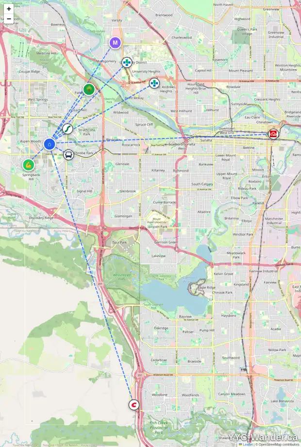 Daily accessibility map for 115 ASPEN RIDGE HT SW, Calgary showing nearby schools, grocery stores, parks, LRT stations and nearby amenities