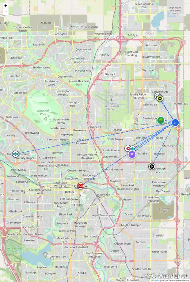 Daily accessibility map for 13 CORAL SPRINGS PA NE, Calgary showing nearby schools, grocery stores, parks, LRT stations and nearby amenities