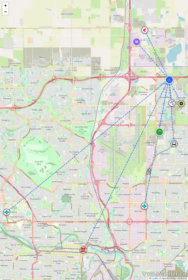Daily accessibility map for 150 RED SKY CR NE, Calgary showing nearby schools, grocery stores, parks, LRT stations and nearby amenities