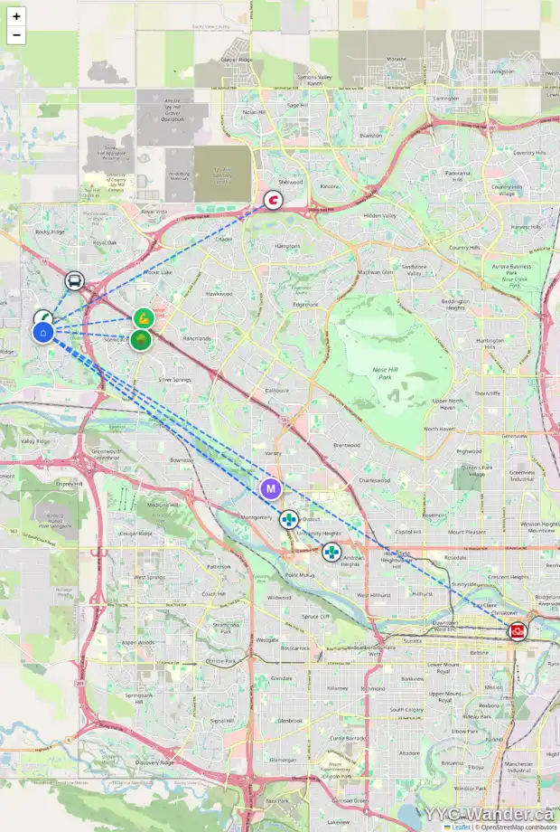 Daily accessibility map for 21 TUSCANY RIDGE PA NW, Calgary showing nearby schools, grocery stores, parks, LRT stations and nearby amenities