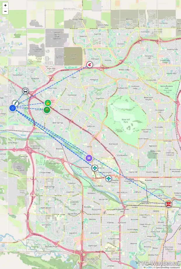 Daily accessibility map for 11545 TUSCANY BV NW, Calgary showing nearby schools, grocery stores, parks, LRT stations and nearby amenities
