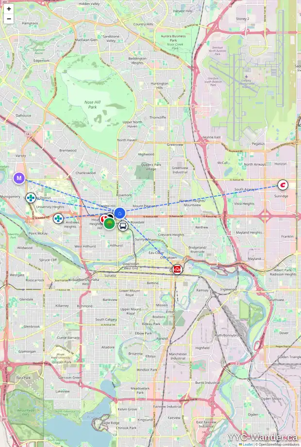 Daily accessibility map for 1429 18 AV NW, Calgary showing nearby schools, grocery stores, parks, LRT stations and nearby amenities