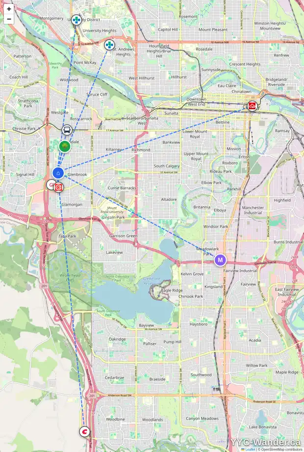 Daily accessibility map for 5104 33 AV SW, Calgary showing nearby schools, grocery stores, parks, LRT stations and nearby amenities