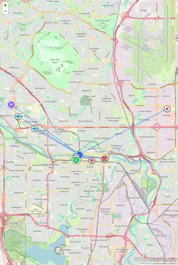 Daily accessibility map for 2303 1025 5 AV SW, Calgary showing nearby schools, grocery stores, parks, LRT stations and nearby amenities
