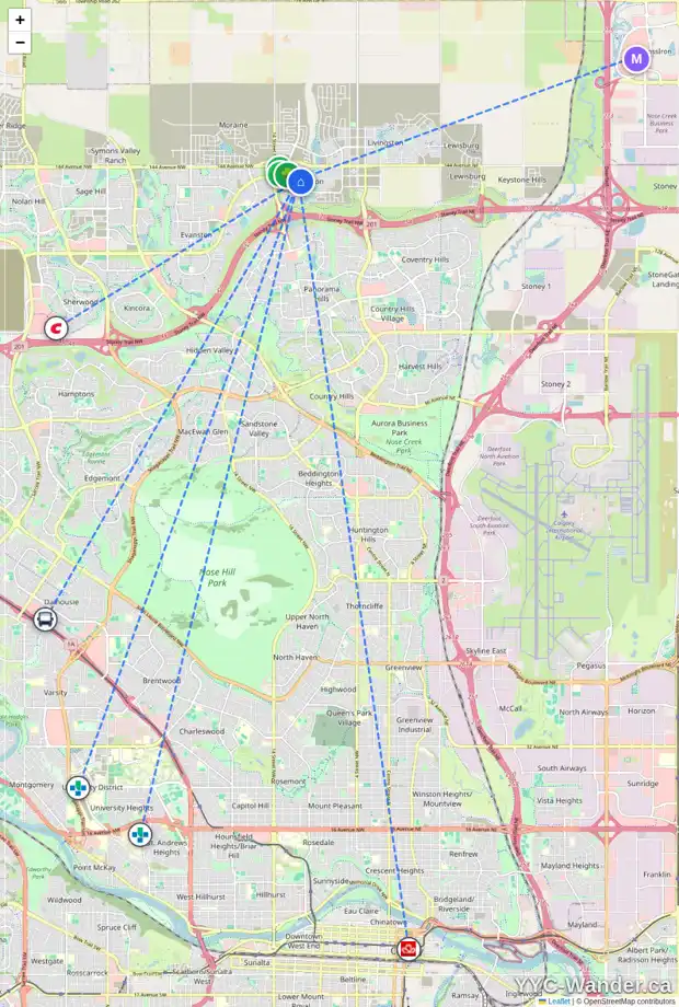 Daily accessibility map for 18 CARRINGTON CR NW, Calgary showing nearby schools, grocery stores, parks, LRT stations and nearby amenities