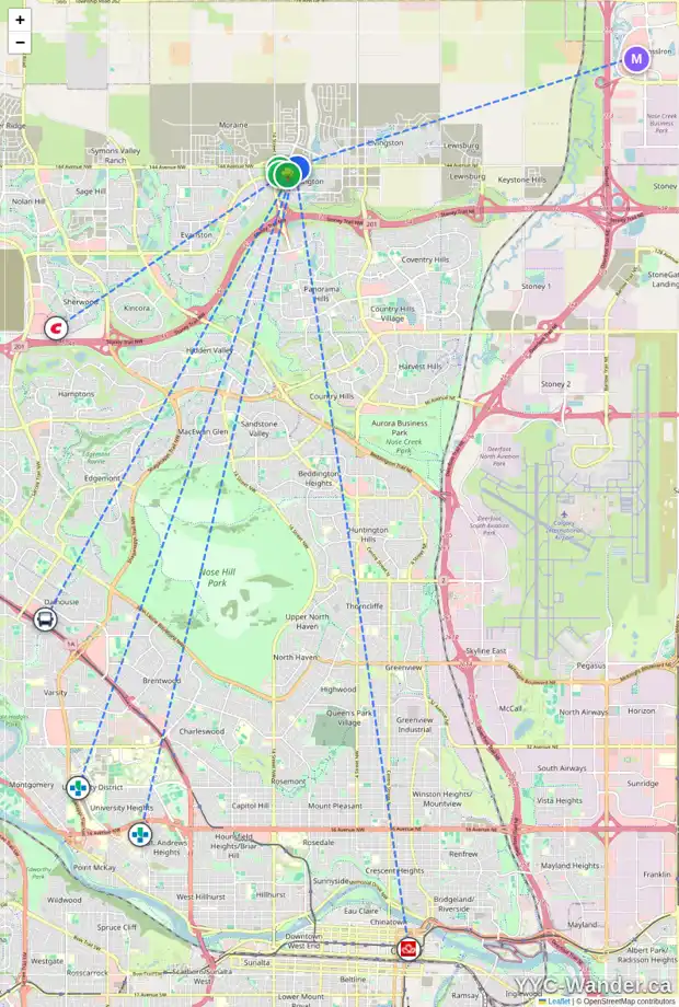 Daily accessibility map for 237 CARRINGTON WY NW, Calgary showing nearby schools, grocery stores, parks, LRT stations and nearby amenities