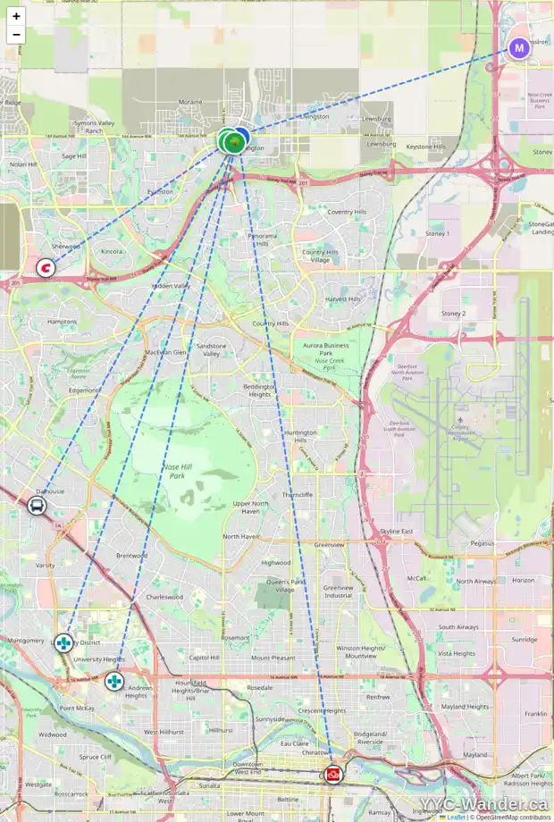 Daily accessibility map for 1636 CARRINGTON BV NW, Calgary showing nearby schools, grocery stores, parks, LRT stations and nearby amenities