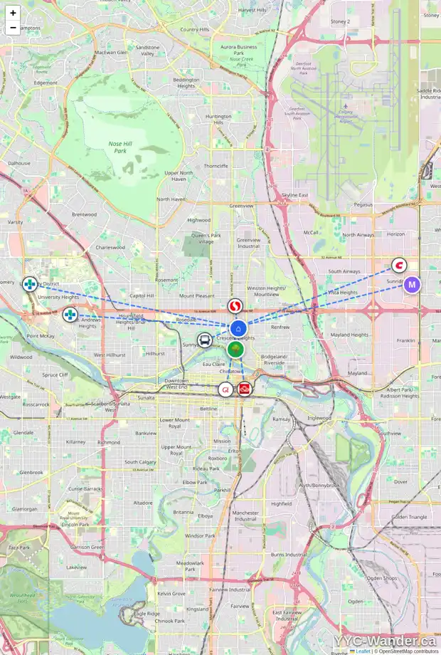 Daily accessibility map for 138 11 AV NE, Calgary showing nearby schools, grocery stores, parks, LRT stations and nearby amenities