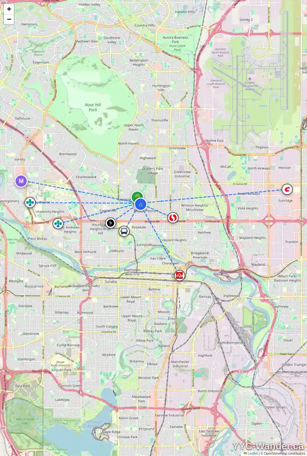 Daily accessibility map for 2411A 8 ST NW, Calgary showing nearby schools, grocery stores, parks, LRT stations and nearby amenities